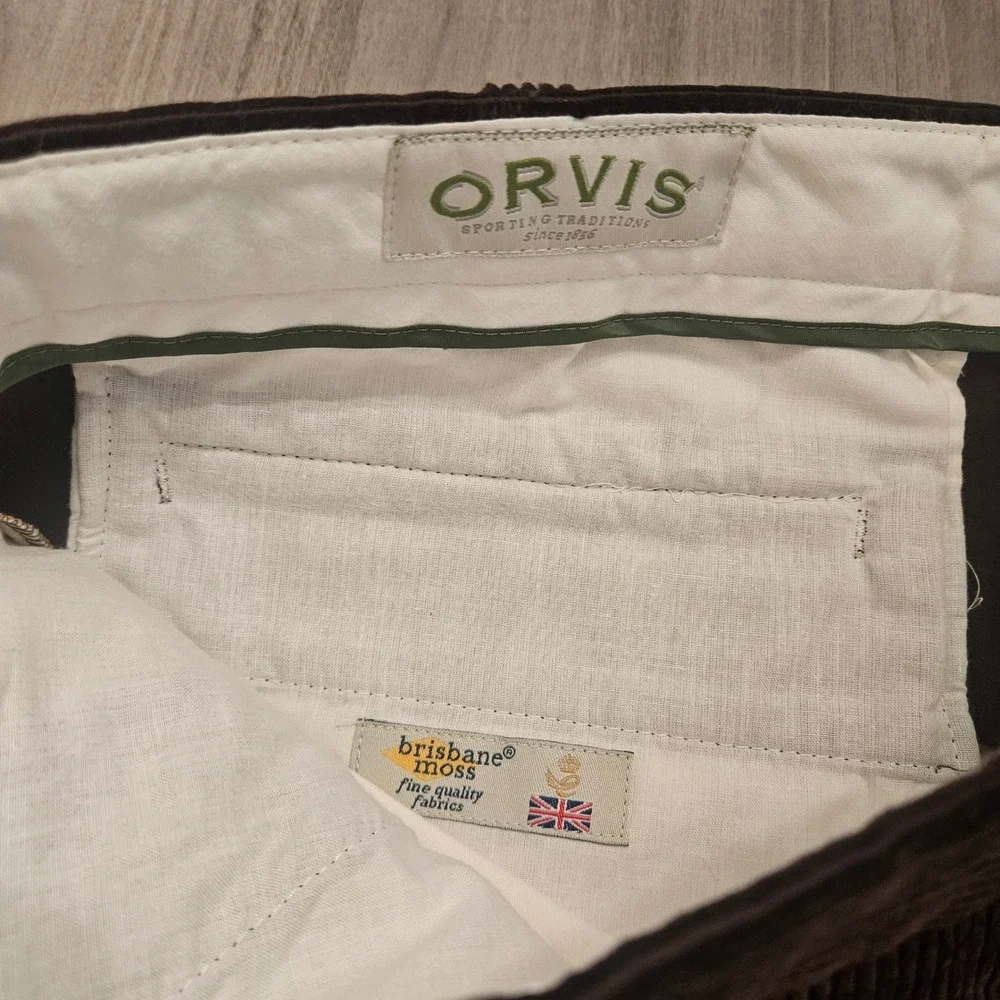 Orvis Brisbane Moss Corduroy Pants Mens 42 Brown Leather Trim Sporting Tradition